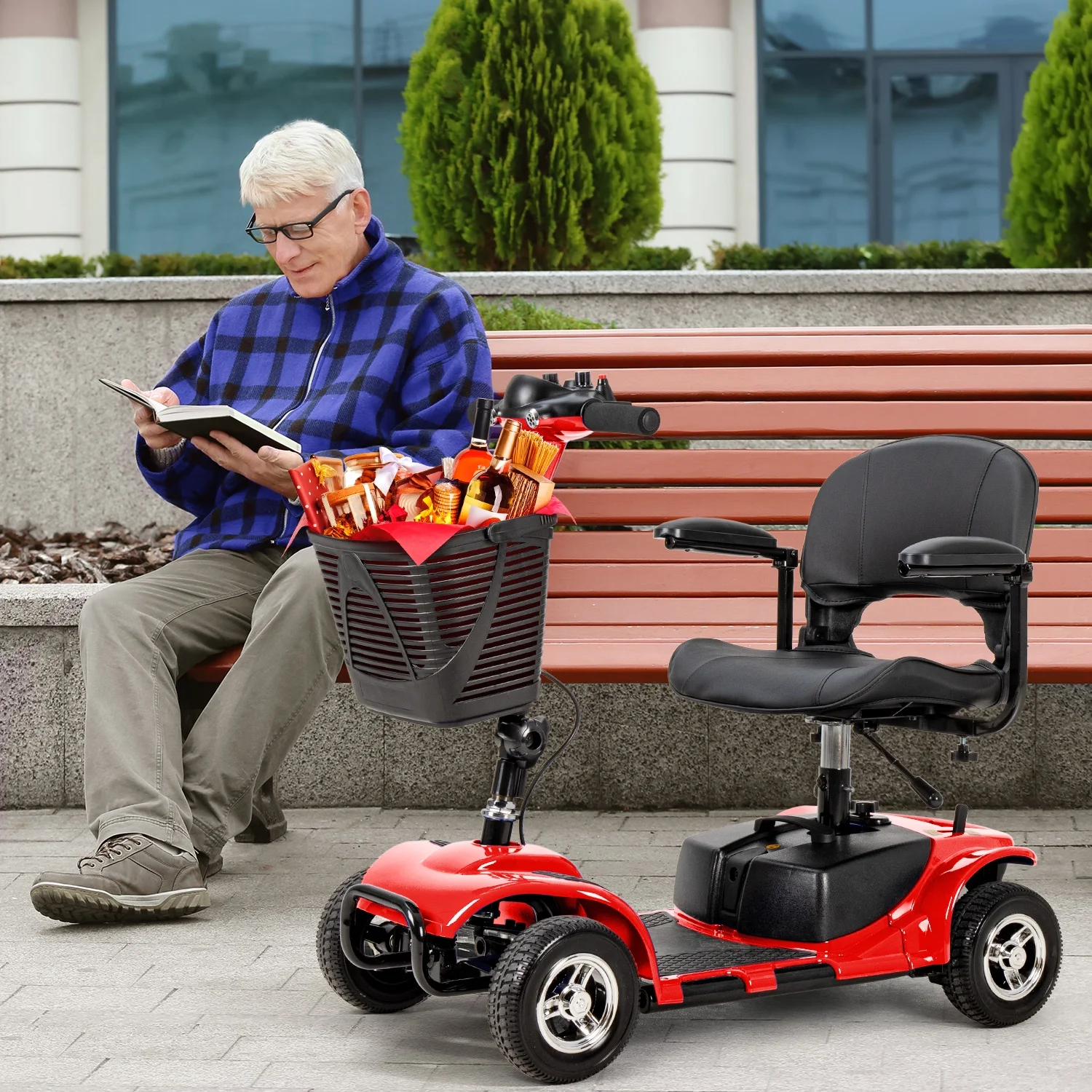 Man Reading Next to A Lightweight Weight Mobility Scooter